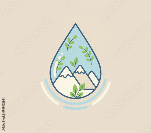 Eco-friendly water drop illustration symbolizing nature, mountains, and clean environment