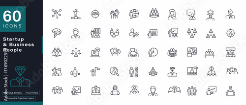 60 Startup and Business People Line Icons Set Editable Stroke Pixel Perfect Vector Illustration