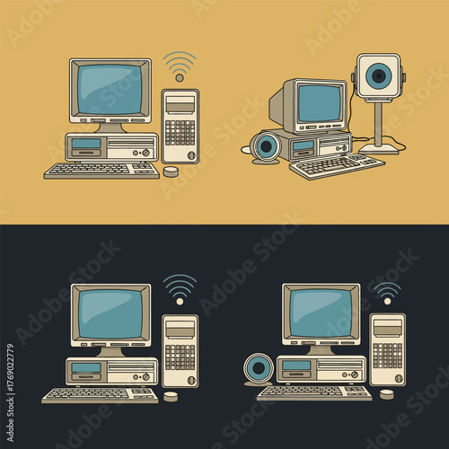 Minimalist retro computer and tech icon set in two colors, flat vector design featuring vintage PCs, monitors, keyboards, and electronics