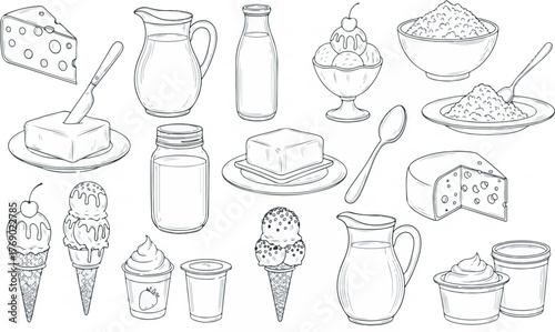 Dairy products vector line art collection including milk, cheese, butter, yogurt, and ice cream isolated.
