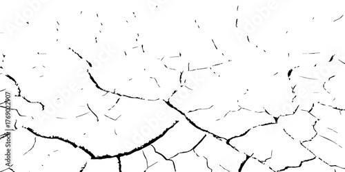 Vector illustration of cracked dry ground texture, symbolizing drought, arid land, and climate change. Black and white cracked soil background for environmental and nature design concepts.
