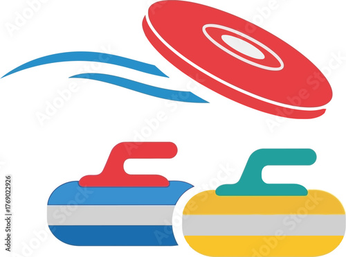 Flat-design abstract sports equipment icons featuring frisbee, curling stones, rackets, balls, and gear in modern minimal geometric vector style