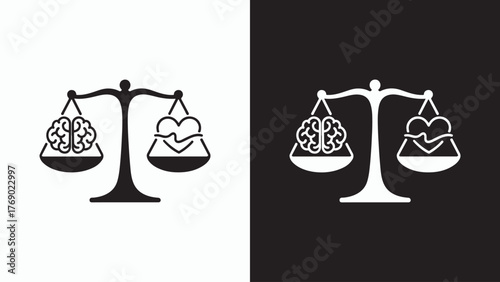 A balance scale with a brain on one side and a heart on the other, representing the balance between logic and emotion, decisionmaking, and mental health