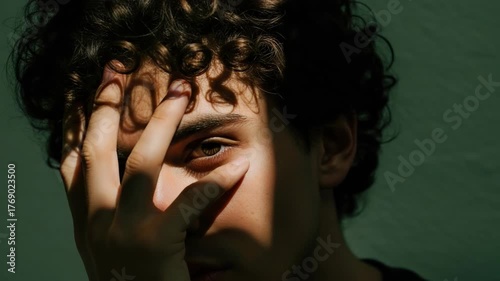 Close up of young man with curly hair covering face with hand