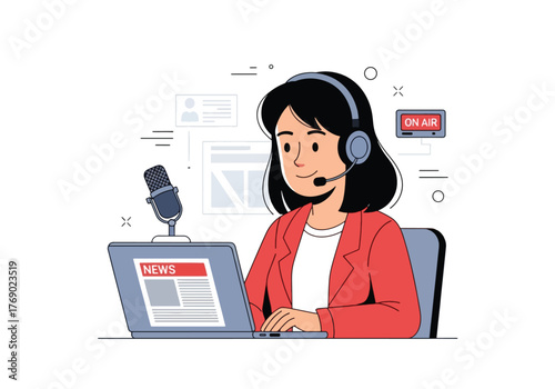 A woman broadcasting news, wearing a headset, working on a laptop, and recording.