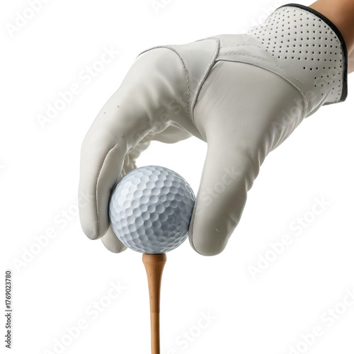 Hand in golf glove placing ball on tee isolated on a transparent background