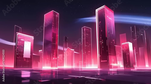 Glowing futuristic cityscape with glass skyscrapers under a starry night sky.