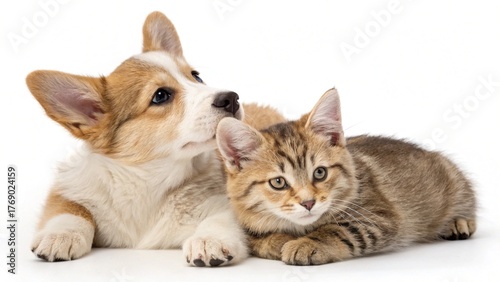 Cute white kitten and young puppy pet looking funny