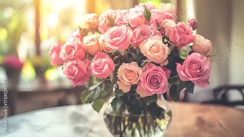 Bouquet of pink and peach roses in a clear glass vase bathed in soft sunlight.