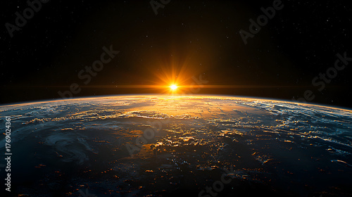 Mesmerizing orbital view of Earth with dawn rays shining across the atmosphere, dark cosmic backdrop emphasizing clarity, beauty, and global inspiration.