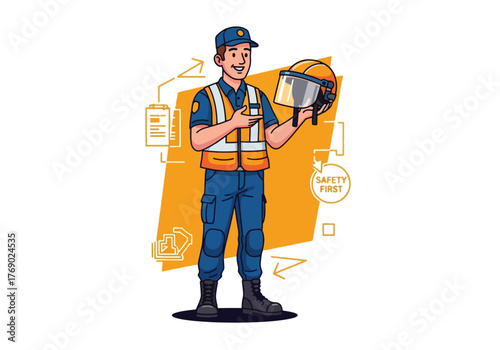 Smiling worker in uniform holds a protective helmet, with safety icons in the background.