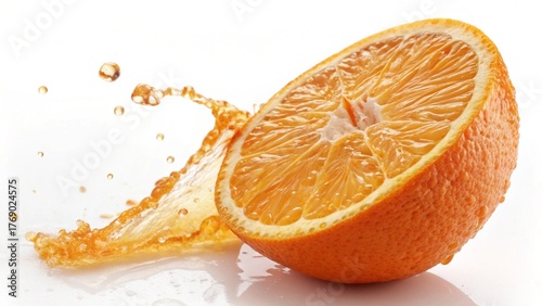 Fresh juicy orange slices and halves splash in cool water against a white background