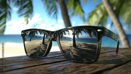 Sunglasses reflect a tropical beach with palm trees and ocean.