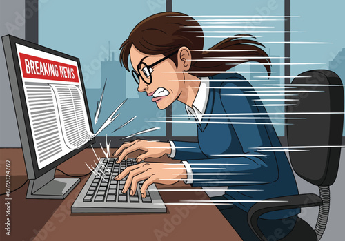 Stressed woman frantically types on computer, reacting to breaking news, with speed lines.