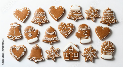 Assorted Pattern of Traditional Gingerbread Cookies with White Icing: Hearts, Bells, Stars, Mittens, and Small House, on White