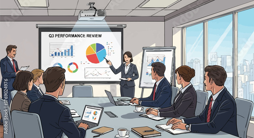 A business team gathers in a modern conference room for a presentation, discussing charts and data analysis on a projector screen.