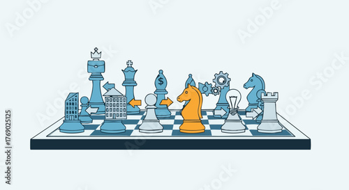 A creative illustration depicts chess pieces reimagined as business and architectural elements, symbolizing strategy and competition.