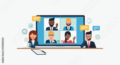 A laptop screen displays a video conference with diverse colleagues, emphasizing remote work and online communication during a business meeting.
