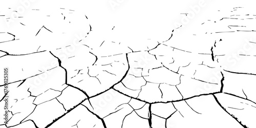 Cracked dry soil texture in high contrast black and white. Abstract pattern symbolizing drought, arid land, and environmental damage. Perfect for design, background, and texture projects.