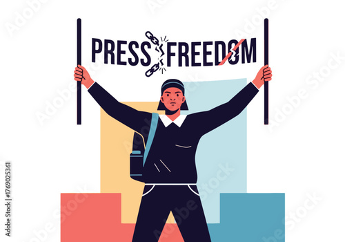 A person holding a banner that says "Press Freedom" with a broken chain illustration.