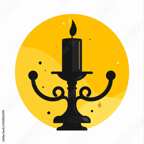 Vintage black candelabrum with a single burning candle.