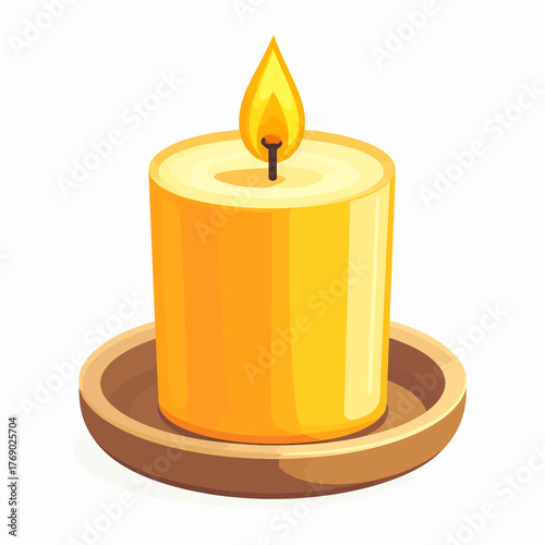 A simple yellow pillar candle burning brightly on a holder.