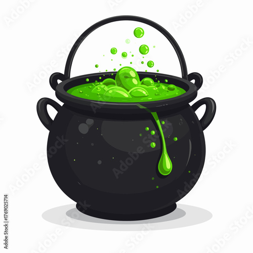 Black witches cauldron bubbling with a glowing green magic potion.