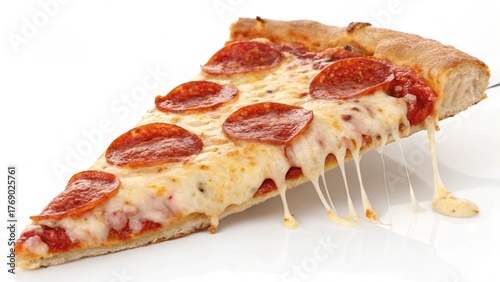 Slice of Italian pepperoni pizza with cheese and tomato on white background