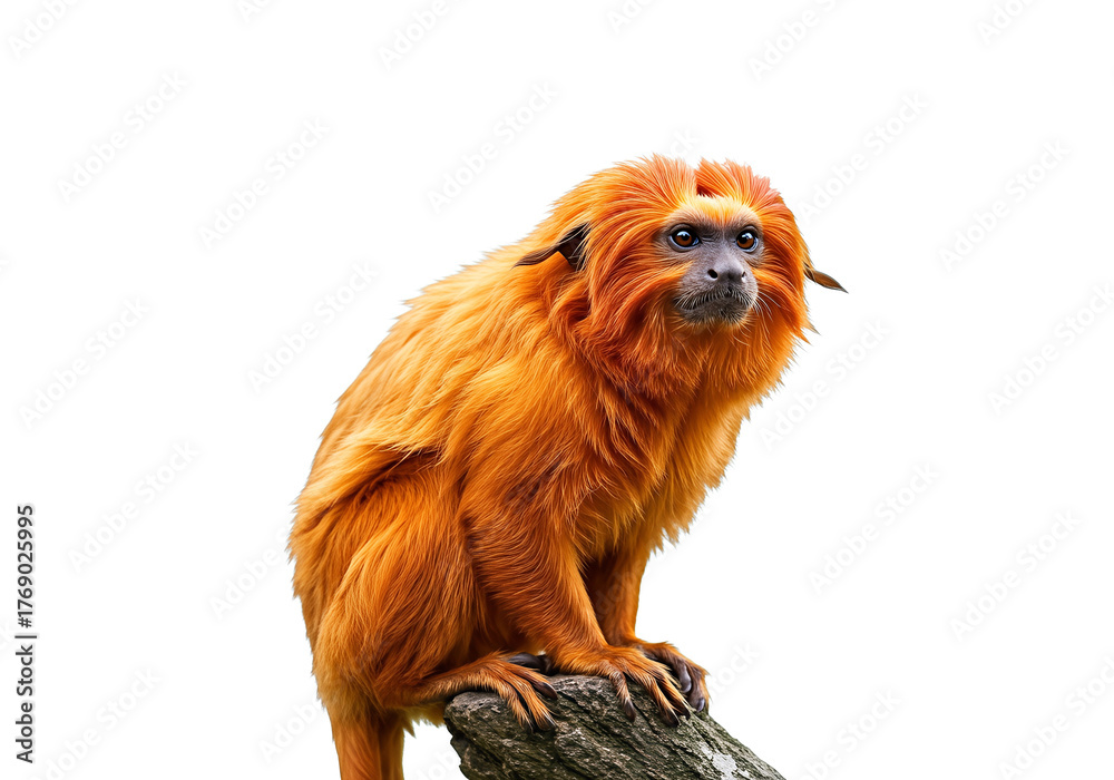 Obraz premium Captivating portrait of a golden-headed lion tamarin perched on a tree branch, showcasing its vibrant orange fur and distinctive facial features.