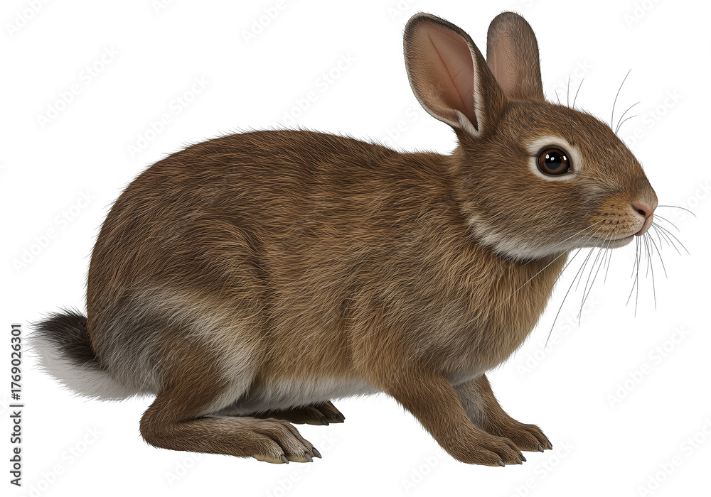 Fototapeta premium A captivating close-up of a wild rabbit exhibiting its unique brown fur against a stark white backdrop, evoking its natural innocence.
