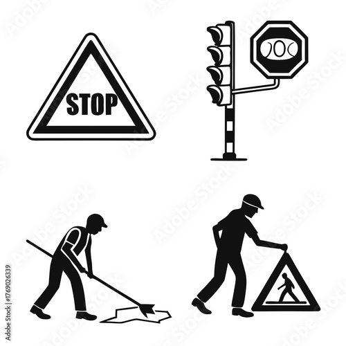 Road work sign and traffic light, vector illustration