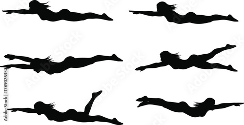 Flying human silhouette poses, dynamic airborne motion, athletic dive gesture, black vector icon set, cad drawing flat vector illustration