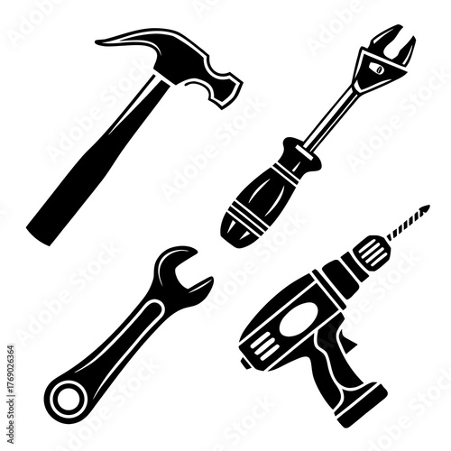 Set of construction tools vector illustration in black and white