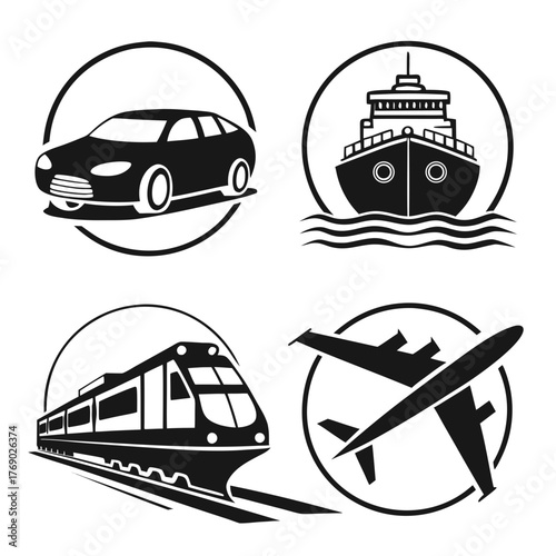 Various modes of transportation including car, ship, train, and airplane