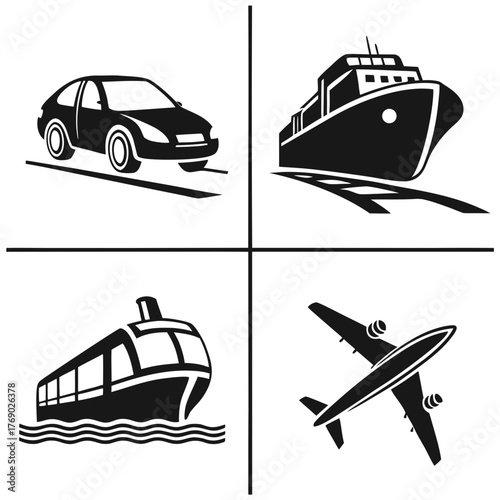 Four modes of transportation car, ship, train, and airplane