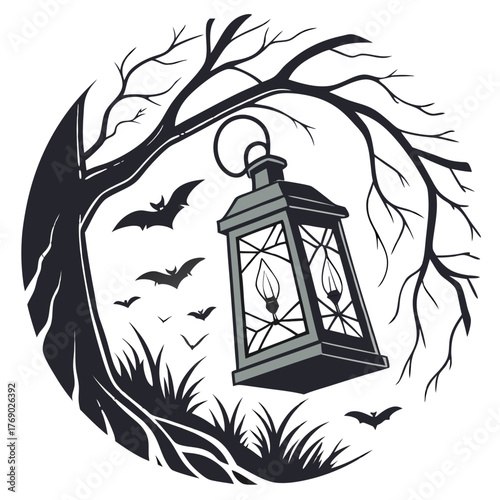 Spooky Halloween Night – Vintage Lantern, Scary Tree, Flying Bats, Creepy Graveyard Grass, Circle Frame, Monochrome Vector Illustration