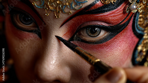  a makeup artist's hand meticulously painting the iconic phoenix eye with black eyeliner, intricate details, rich colors. carnival, opera, theater