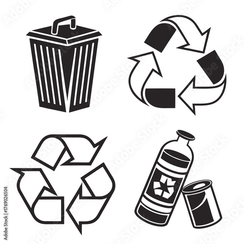 Recycling symbols and trash can for environmental awareness