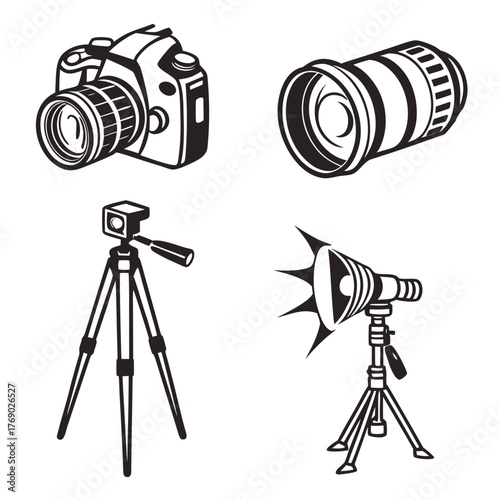 Camera equipment icons, including lens and tripod