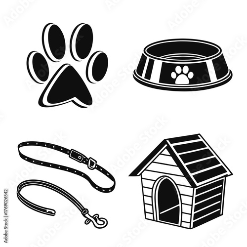 Pet supply icons, including dog house and paw print