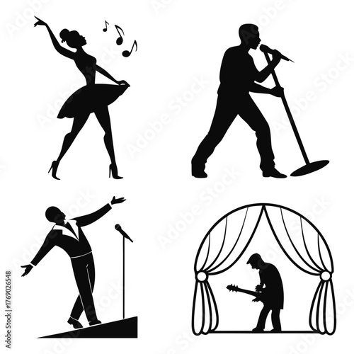 Silhouette of a dancer, singer, and musician performing on stage