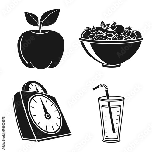 Healthy lifestyle icons set, apple, fruit salad, kitchen timer and juice