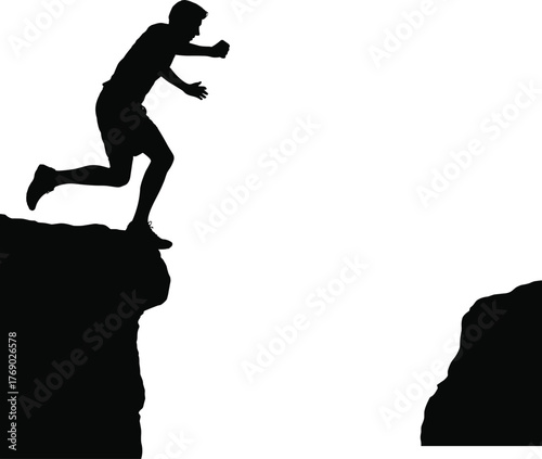 Silhouette of man jumping across cliffs, symbol of courage, risk, challenge, determination, success, freedom, motivation, achievement, overcoming obstacles
