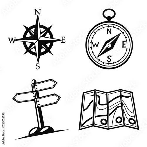 Navigation icons set, compass, map and signpost symbols