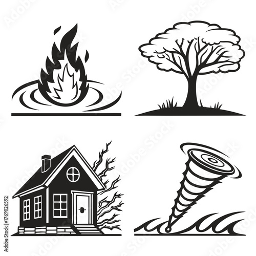 Natural disaster icon set, fire, tree, house and tornado symbols