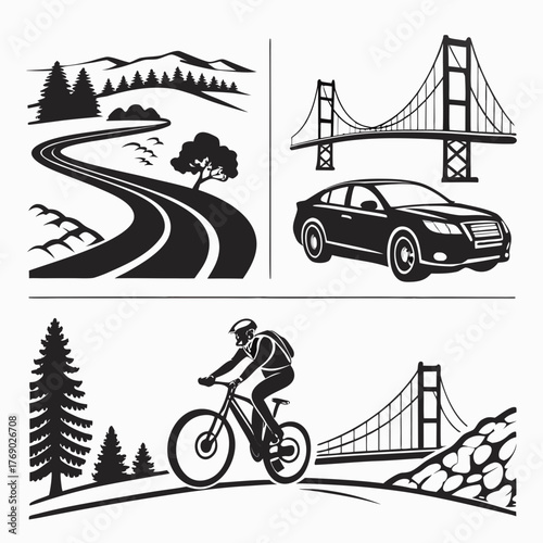 Four travel icons with car, bicycle and golden gate bridge