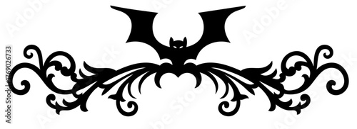 Header ornament with bat and ornate vintage swirls — Halloween upper border decoration