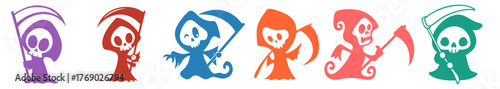 Colorful cute grim reaper characters set with scythes — funny Halloween skeletons in rainbow hooded cloaks
