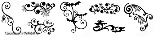 Decorative ornate Halloween pattern with spiderwebs, bats, candies and curls — vintage corner frame and border flourishes