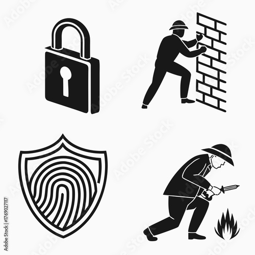 Security and crime icon set with lock, fingerprint, burglar and arson